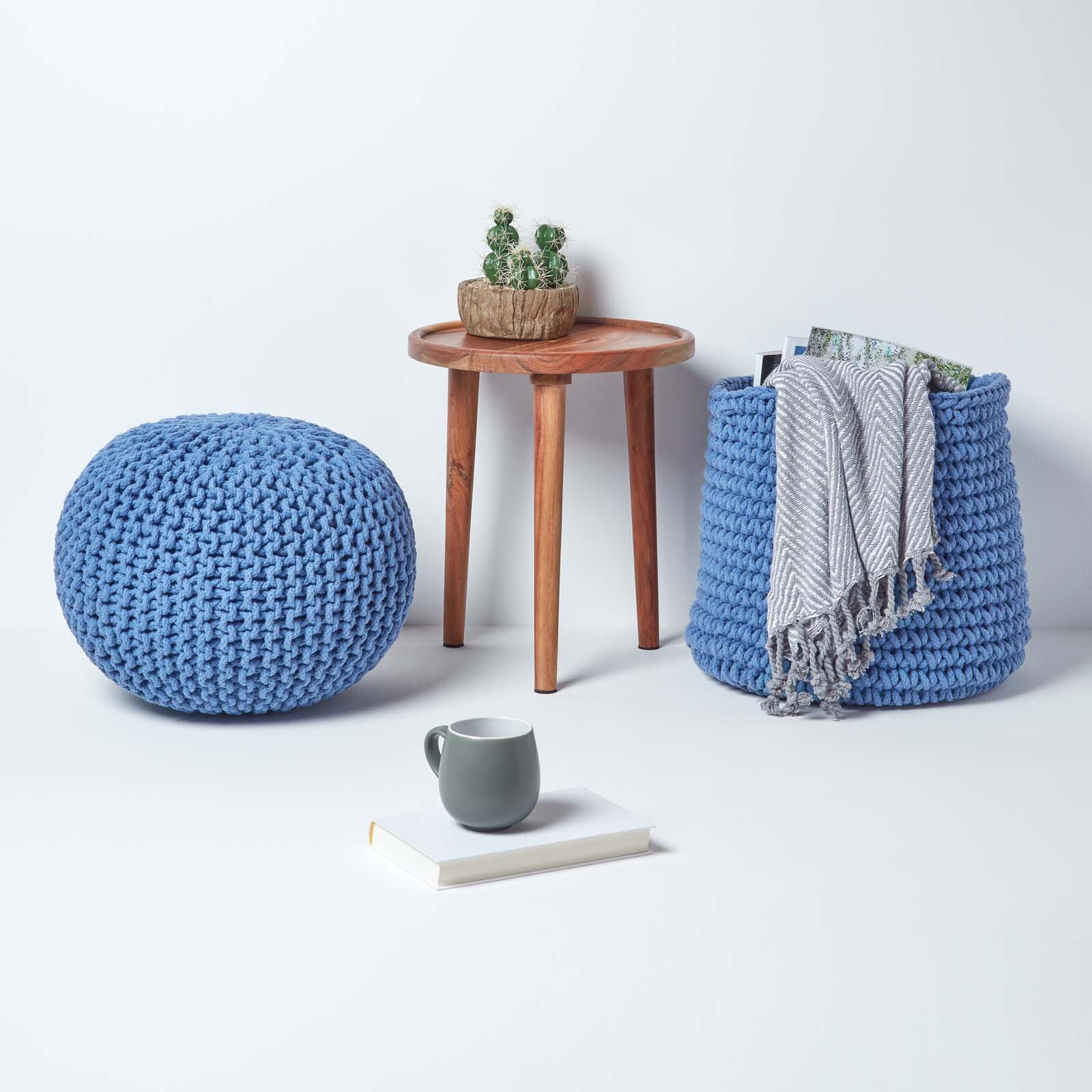 Homescapes Round Cotton Knitted Pouffe Footstool – Blue - Image 6