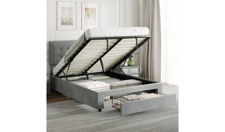 HOMCOM 4FT6 Double Upholstered Ottoman Bed Frame with Storage Drawer - Grey
