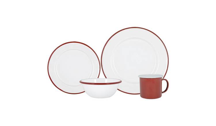 Argon Tableware 16 Piece White Enamel Dinner Set - Red