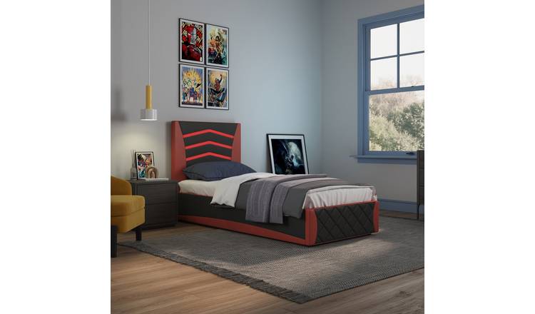 Slumberworks Galaxy Ottoman LED Single Bed Frame & Mattress- Black And Red