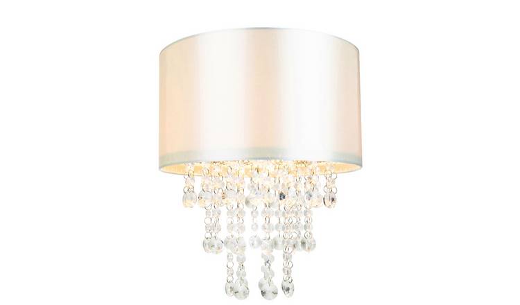 Happy Homewares Cream Satin Fabric with Acrylic Droplets Pendant Shade - 30cm