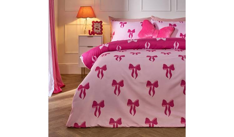 OHS Bows Microfibre Reversible Bedding Set Duvet Cover Set Pink - Single
