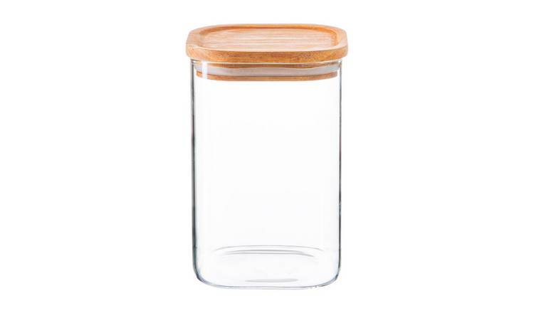 Argon Tableware Square Glass Storage Jar with Wooden Lid - 1100ml