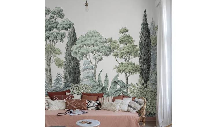 Grandeco Zarautz Trees 7 Lane Textured Repeatable Wallpaper Mural  - Green