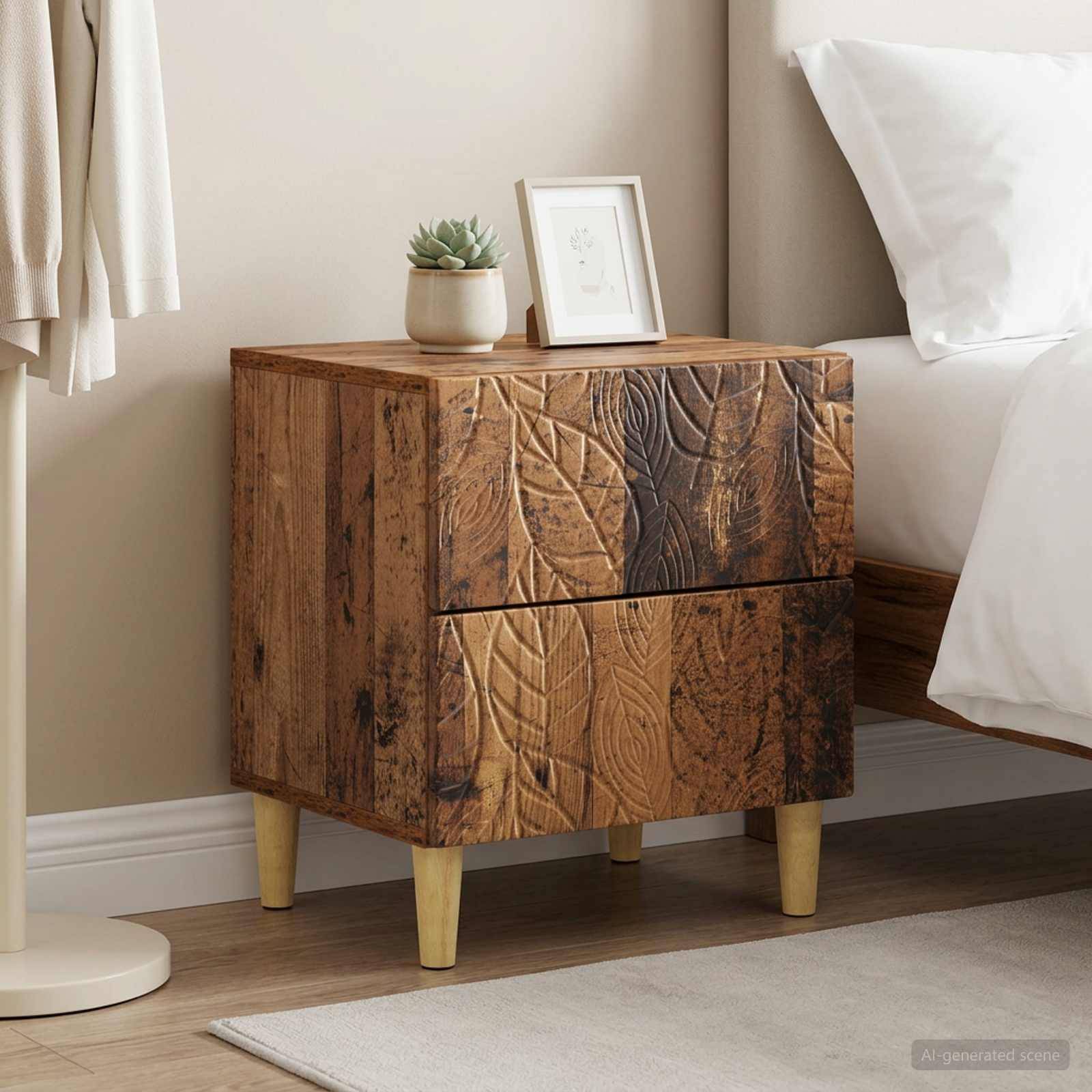 Walplus Pack of 2 Engineered Wood Bedside Table - Dark Wood - 43 x 34.5 x 48 cm - Image 1