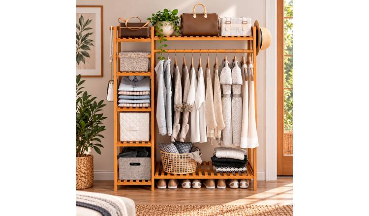 Neo Bamboo Clothes Rail with Storage Shelf and Side Hooks