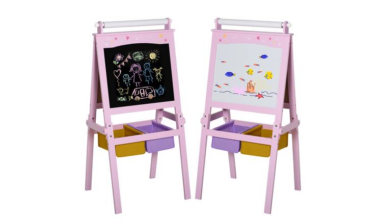 HOMCOM 3 in 1 Paper Roll Chalkboard Whiteboard Baskets Kids Easel - Pink