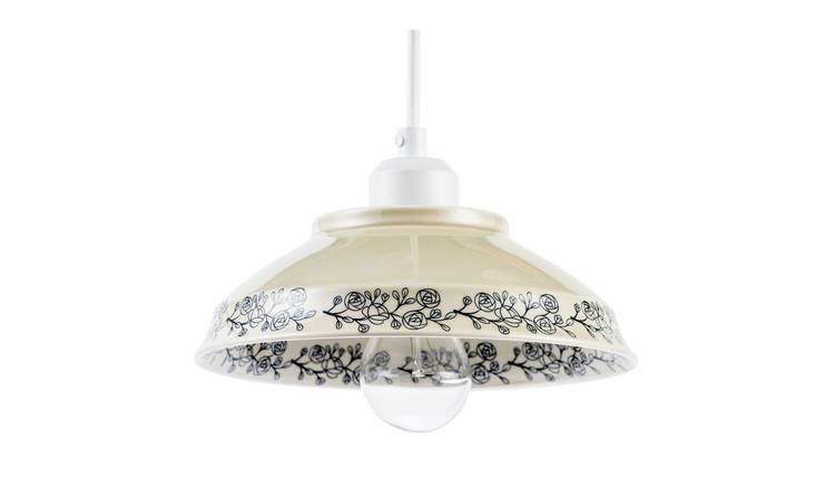 Happy Homewares Cream Gloss Ceramic with Navy Blue Floral Pendant Shade - 22cm
