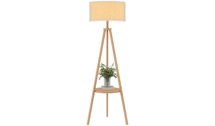 HOMCOM Tripod Linen Look Shade Floor Lamp - Natural Wood Colour