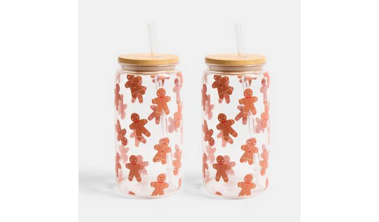 OHS Gingerbread Man Print Plastic Drinking Jars with Bamboo Lids - 2 Pack