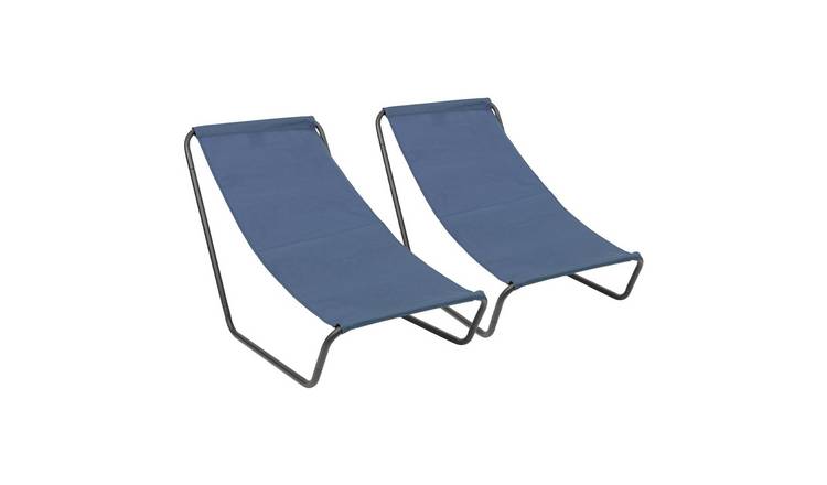 Harbour Housewares Folding Beach Loungers - Matt Black/Navy - Pack of 2