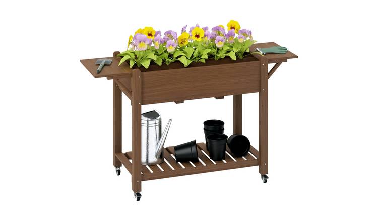 Outsunny Wooden Raised Garden Bed with Lockable Wheels - Carbonised
