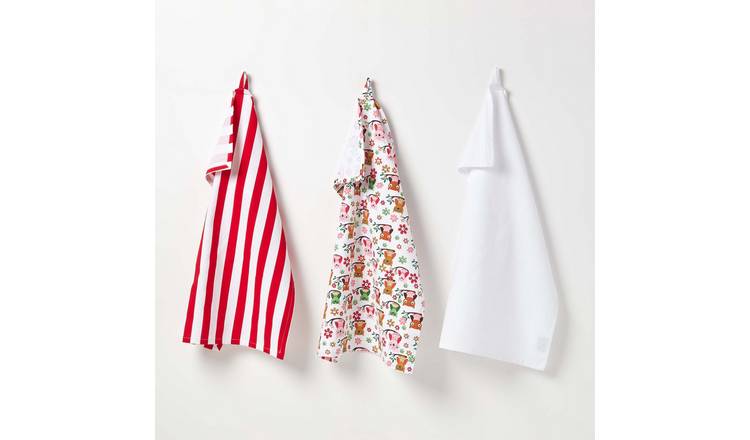 Homescapes Pack of 3 Red Owls Cotton Tea Towels - Red