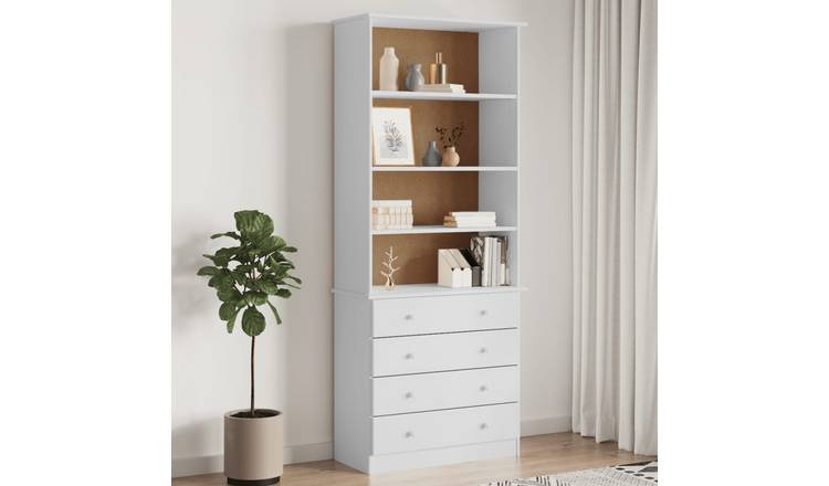 Walplus Solid Pine Bookcase with Drawers - White - 77 x 35 x 186.5 cm