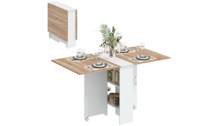 HOMCOM 2 Tier Shelves Folding Dining Table for 4 People - White and Natural