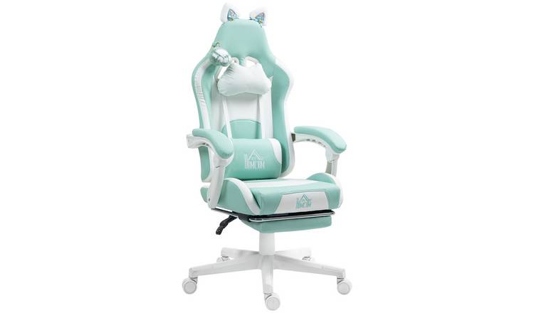 Homcom Faux Leather Cat Ear Reclining Gaming Chair with Footrest – Light Blue