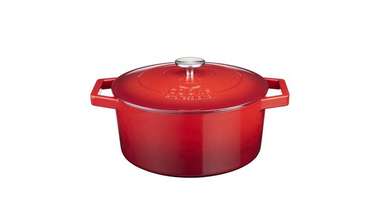 Cooks Professional 20cm Cast Iron Casserole Dish with Lid - Red