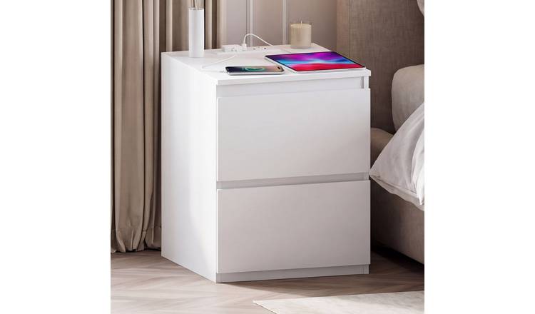 Vida Designs Denver 2 Drawer Large Bedside Chest with Power Outlet - White