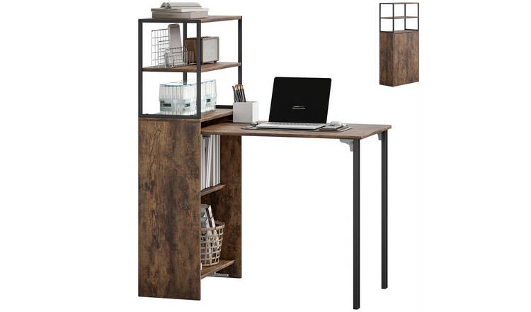 HOMCOM Industrial Folding Computer Desk with Bookshelf - Rustic Brown