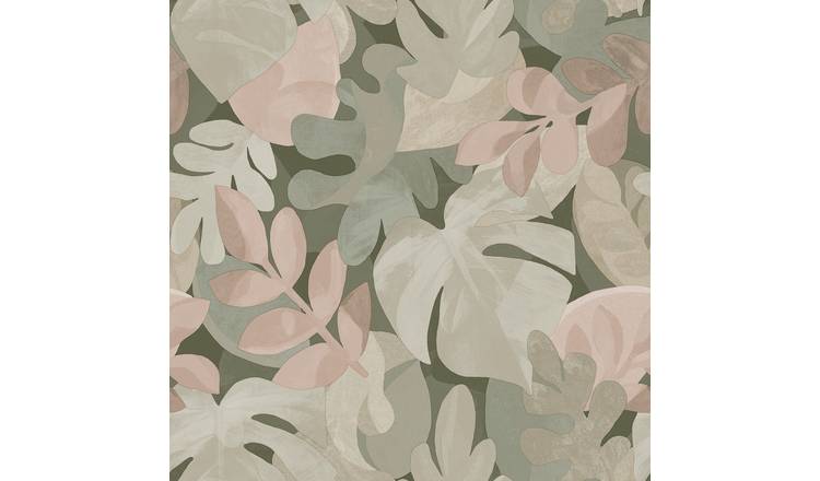 Grandeco Boutique Retro Leaf PVC-free Eco Wallpaper - Pink Green Grey