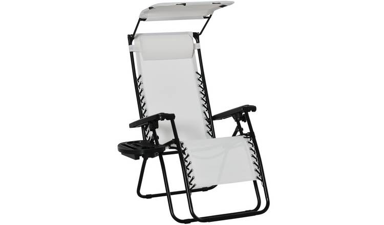 Outsunny Foldable Reclining Garden Chair with Cup Holder - White
