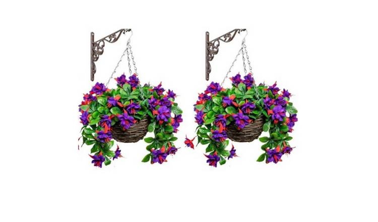 Primrose Pair of Artificial Fuchsia Flowers Rattan Hanging Basket Purple 25cm