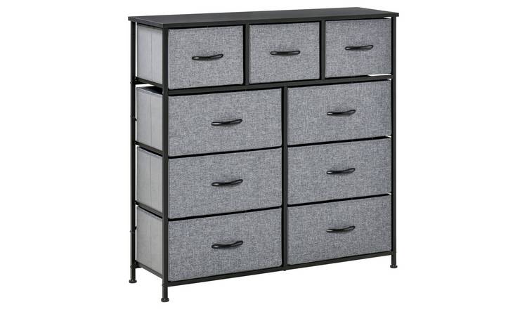 HOMCOM 9 Drawer Fabric Dresser with Steel Frame and Wood Top - Black and Grey