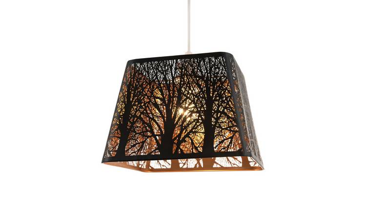 Happy Homewares Matte Black Tree Forest with Satin Gold Pendant Shade - 26cm
