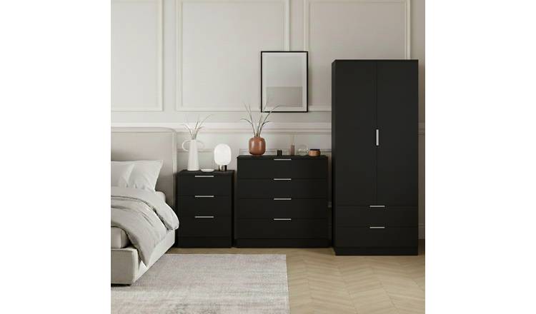 Vida Designs Trega Bedroom Set (Bedside, 4 Drawer Chest, 2x2 Wardrobe) - Black