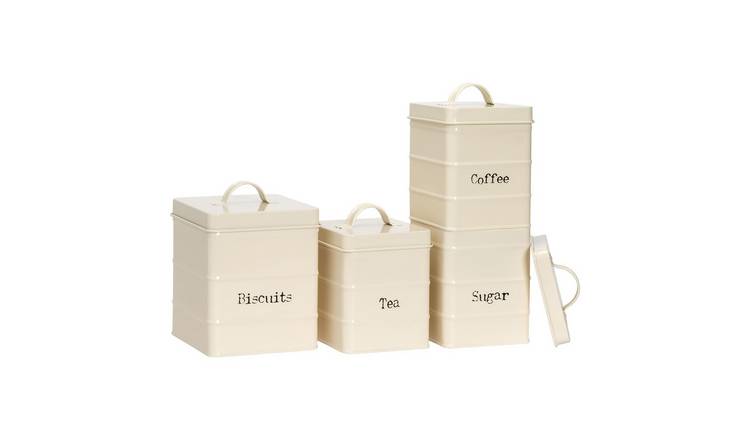 Harbour Housewares 4 Piece Vintage Metal Kitchen Canisters Set - Cream