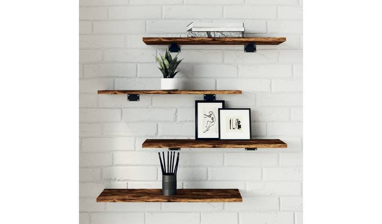 Walplus Pack of 4 Engineered Wood Wall Shelf - Dark Oak - 60 x 20 x 1.5 cm