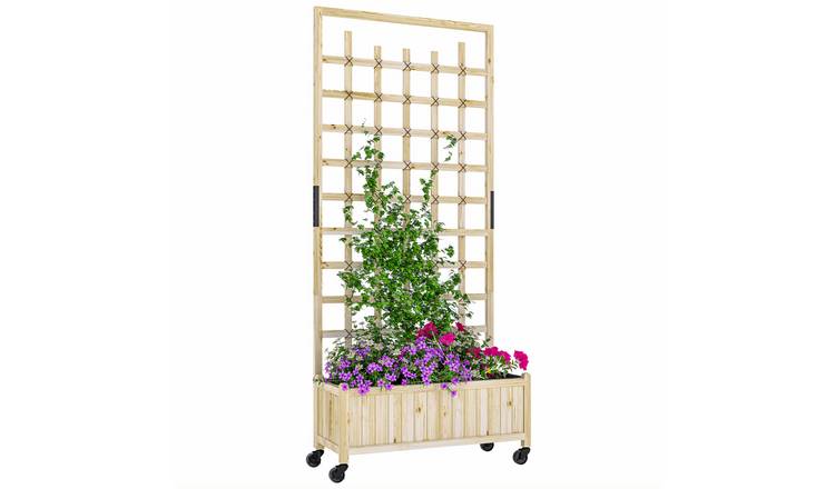 Outsunny Privacy Screen Wooden Garden Planters with Trellis - Natural Wood
