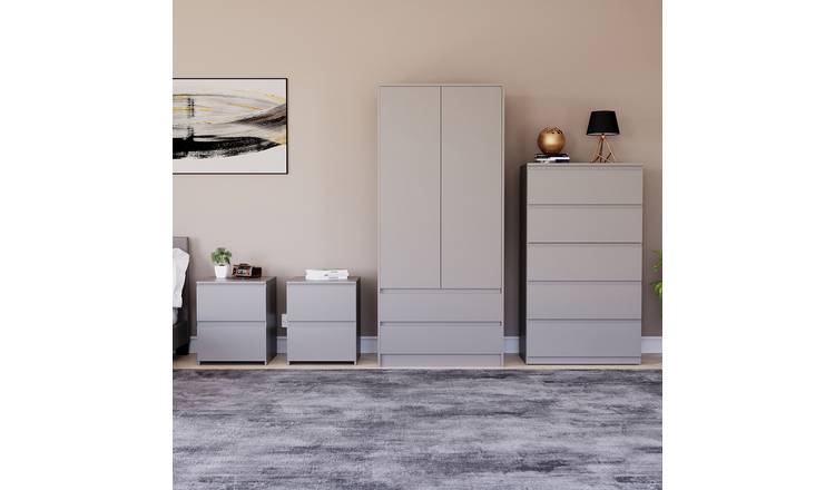 Vida Designs Denver Bedroom Set (2x Bedside, 5 Drawer Chest, Wardrobe) - Grey