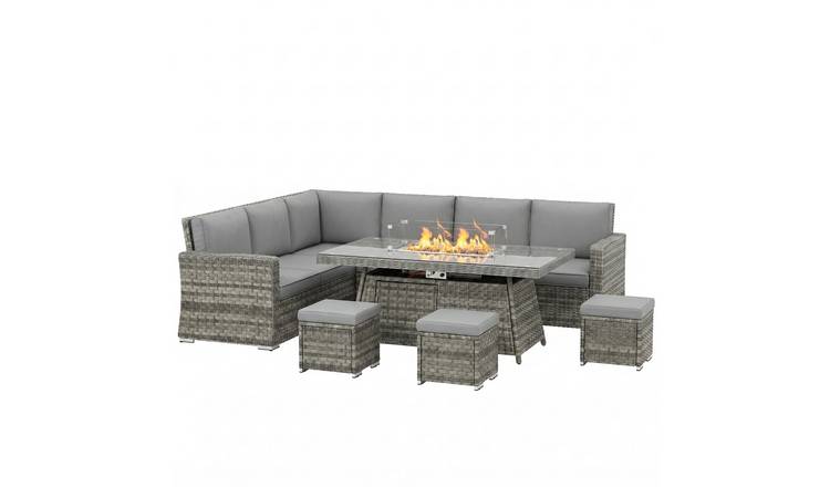 Outsunny 9 Seater Rattan Garden Furniture with Fire Pit Table