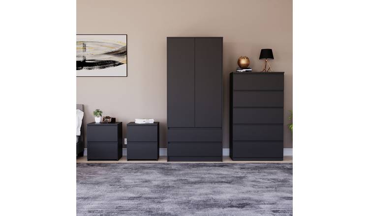 Vida Designs Denver Bedroom Set (2x Bedside, 5 Drawer Chest, Wardrobe) - Black