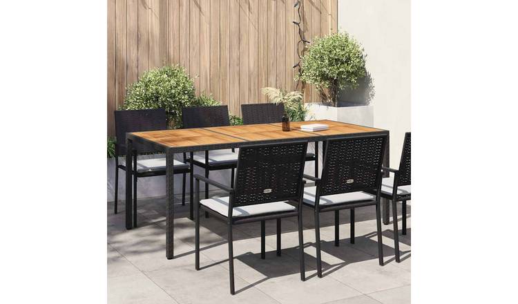 Walplus Poly Rattan Garden Table and Acacia - Black - 190 x 90 x 75 cm