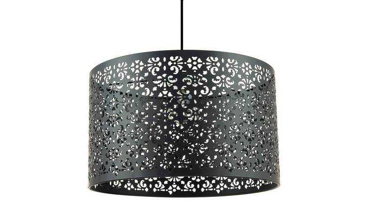 Happy Homewares Moroccan Large Black Metal with Floral Pendant Shade - 40cm