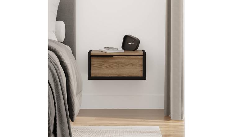 Decortie Eco Particleboard Wall-Mounted Bedside Shelf - Black Ash / Whiskey Oak