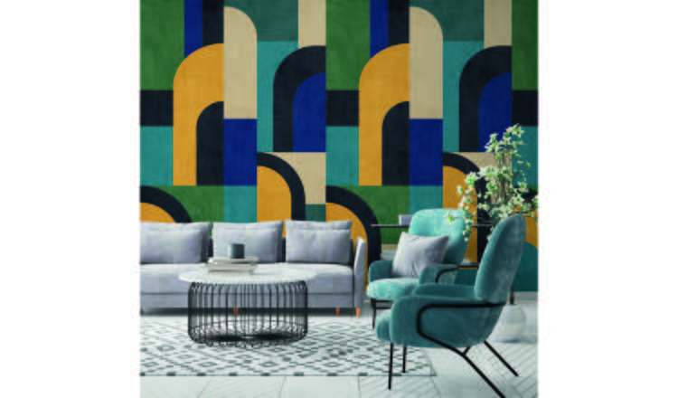 Grandeco Geo Modernist Shape 3 Lane Repeatable Wallpaper Mural   - Blue