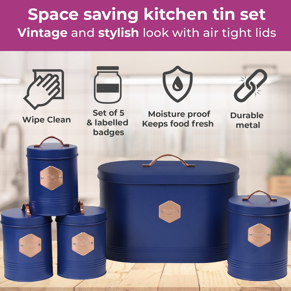 Neo Retro 5 Piece Kitchen Canister Set - Navy - Image 2