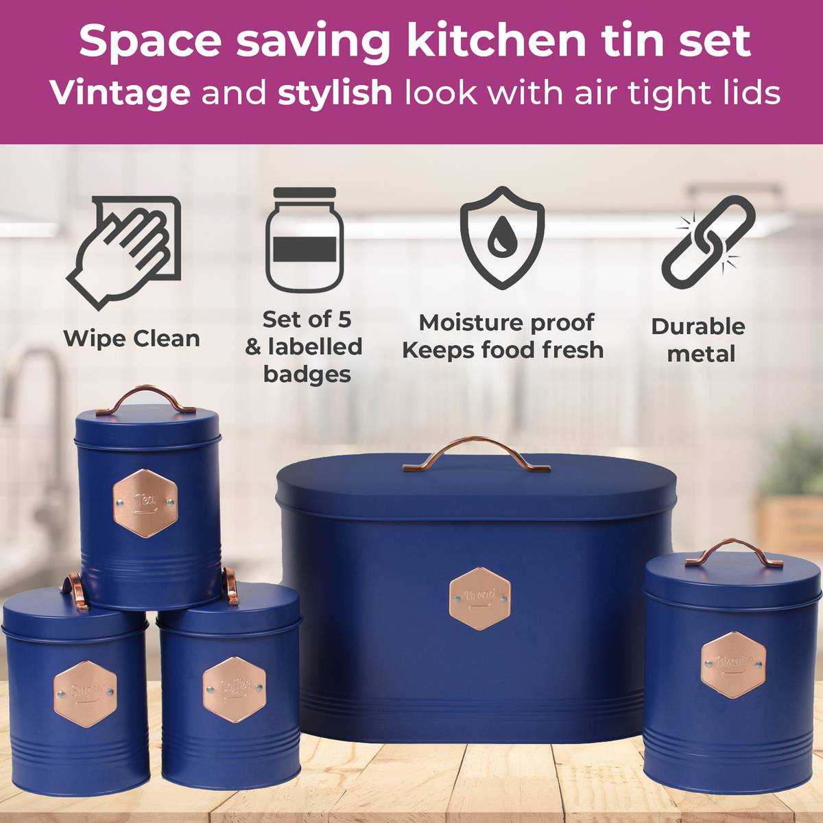 Neo Retro 5 Piece Kitchen Canister Set - Navy - Image 2