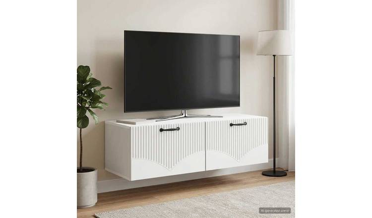 Walplus Wood Wall Mounted TV Cabinet Wide Unit - White - 98 x 41 x 30 cm