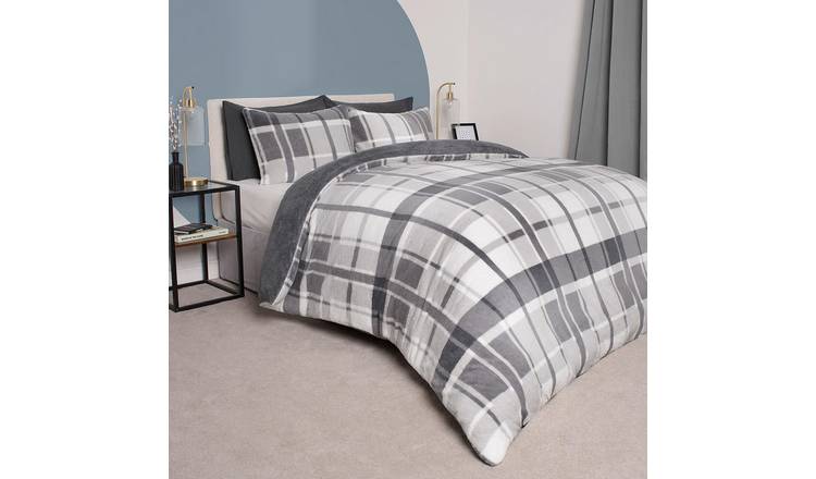 OHS Teddy Fleece Duvet Cover Set Bedding Check Charcoal - King