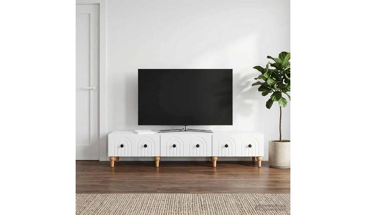 Walplus Wood TV Cabinet with Drawers Open Shelf - White - 147 x 34.5 x 30 cm