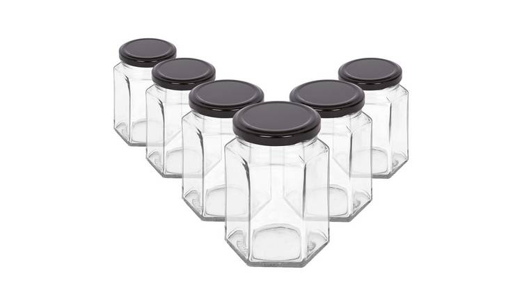 Argon Tableware Hexagonal Glass Jam Jars with Black Lids - Pack of 6