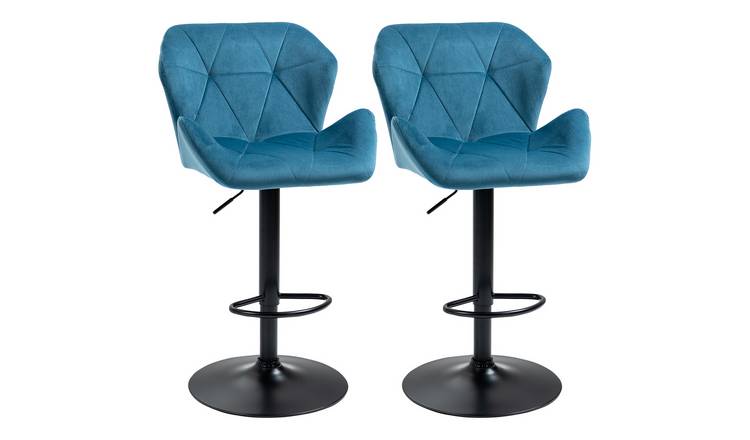 HOMCOM Set of 2 Velvet Metal Frame Adjustable Swivel Bar Stools – Blue