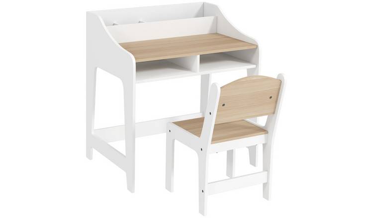 AIYAPLAY Kids Study Table and Chair Set with Storage and Shelves - Natural Wood