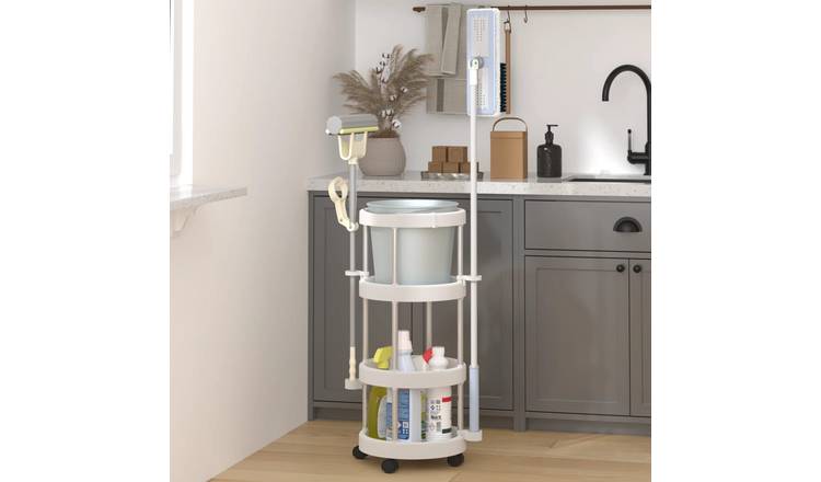 Walplus Cleaning Trolley with Storage Basket - Silver & White - 34 x 75 cm