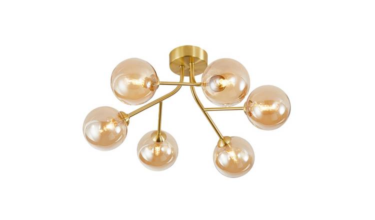 Happy Homewares Satin Gold 6-Arm with Amber Tinted Glass Ceiling Light - 44cm