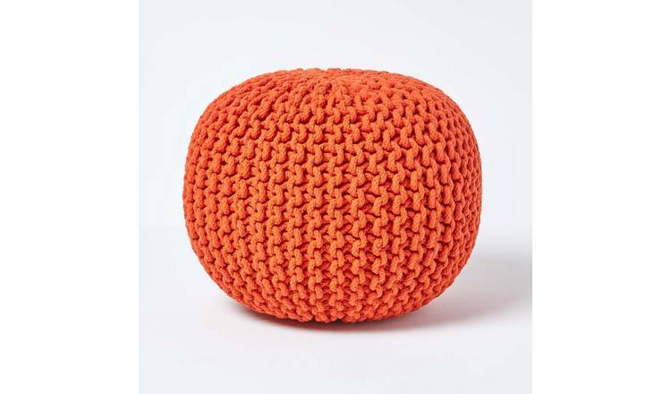 Homescapes Round Cotton Knitted Pouffe Footstool – Burnt Orange